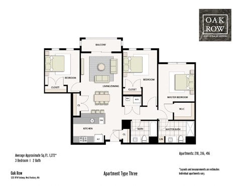 Floor plan for 3 beds, 2 baths, 1260 sqft